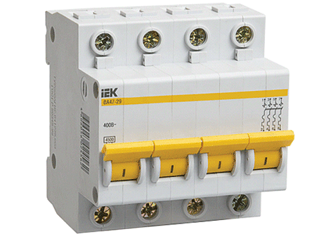 фото Модульный автоматический выключатель ва47-29 4 полюса, 20а, х-ка c | код. mva20-4-020-c | iek