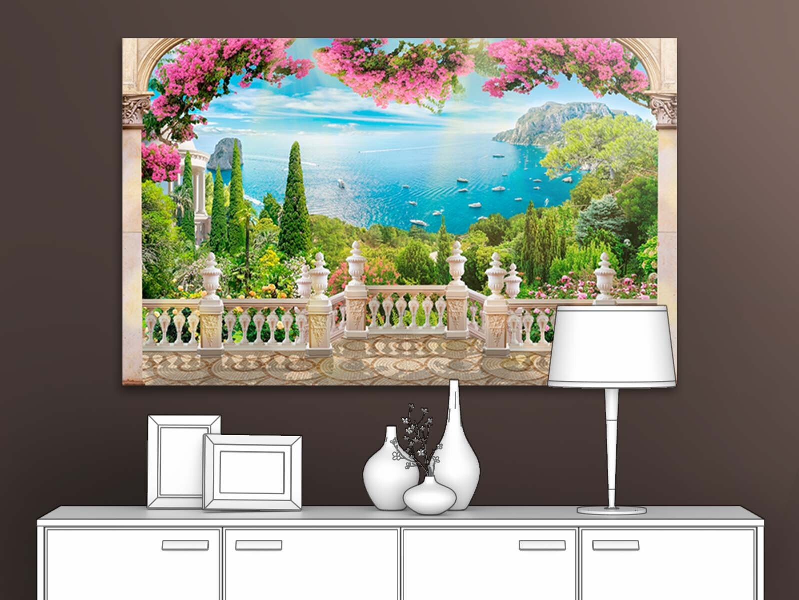 

Картина для интерьера ПЕРВОЕ АТЕЛЬЕ "Терраса с цветами и видом на море" 96х60 см, Терраса с цветами и видом на море