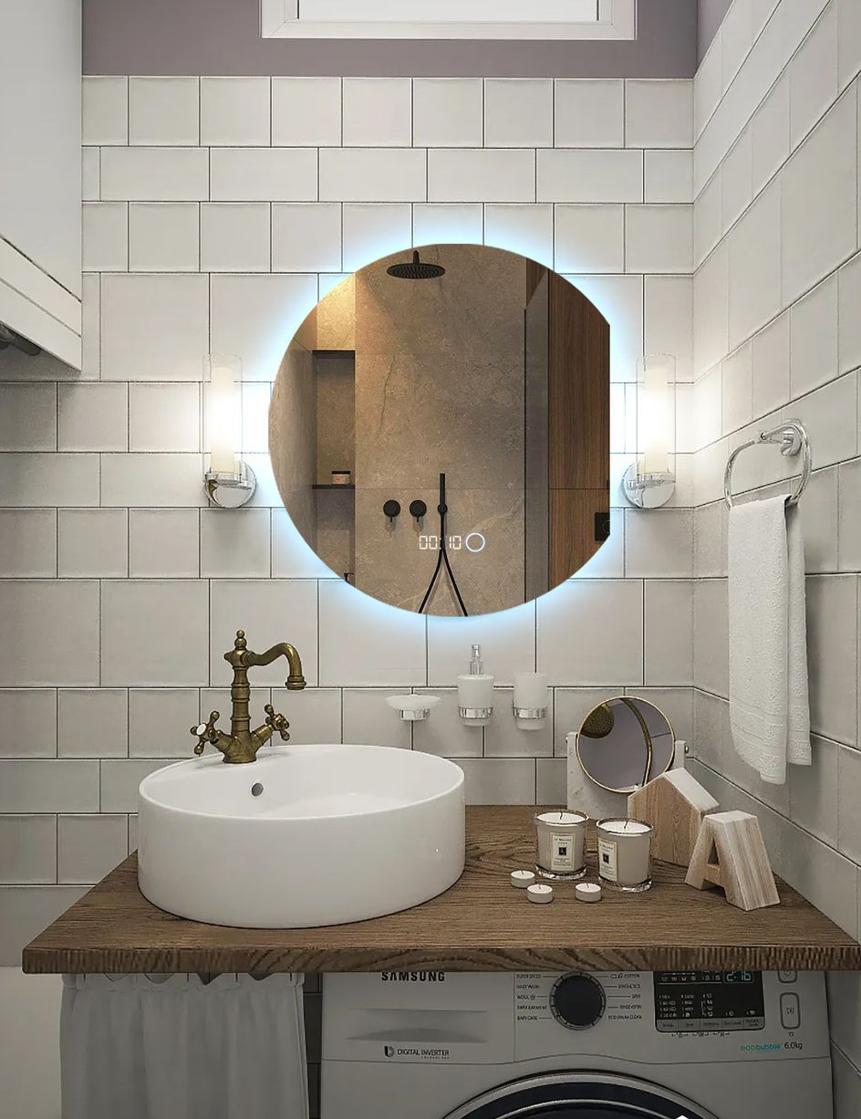 Зеркало для ванной с часами Eclipse 90x80 с правым срезом с подсветкой, E/r/90-80/6kчасы