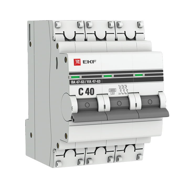 Автоматический выключатель 3P 40А (C) 6кА ВА 47-63 EKF PROxima шины на din рейку в корпусе эра no22416 шнк 4х11 3l pen б0043934