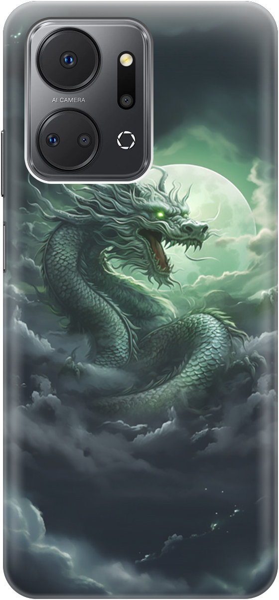 

Силиконовый чехол на Honor X7a с принтом "Дракон на фоне луны", Белый;зеленый;черный, 20000896