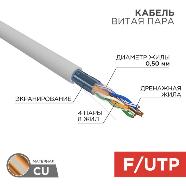 Кабель витая пара REXANT FTP 4PR 24AWG cat5e, 305 м