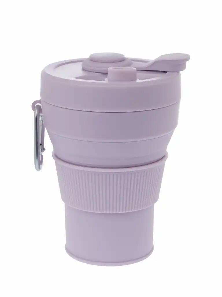 Cкладной стакан силиконовый с крышкой и трубочкой, цвет светло-фиолетовый, Purple, 450 мл.