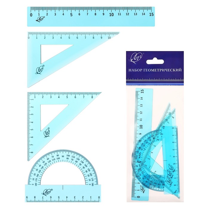 Набор чертежный 4 предмета (линейка 15 см, угольник 30 °/ 60 °, 10 см; угольник 45 °/ 45 °