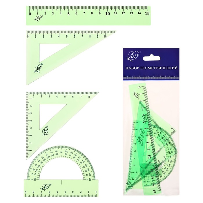 Набор чертежный 4 предмета линейка 15 см угольник 30 60 10 см угольник 45 45 322₽