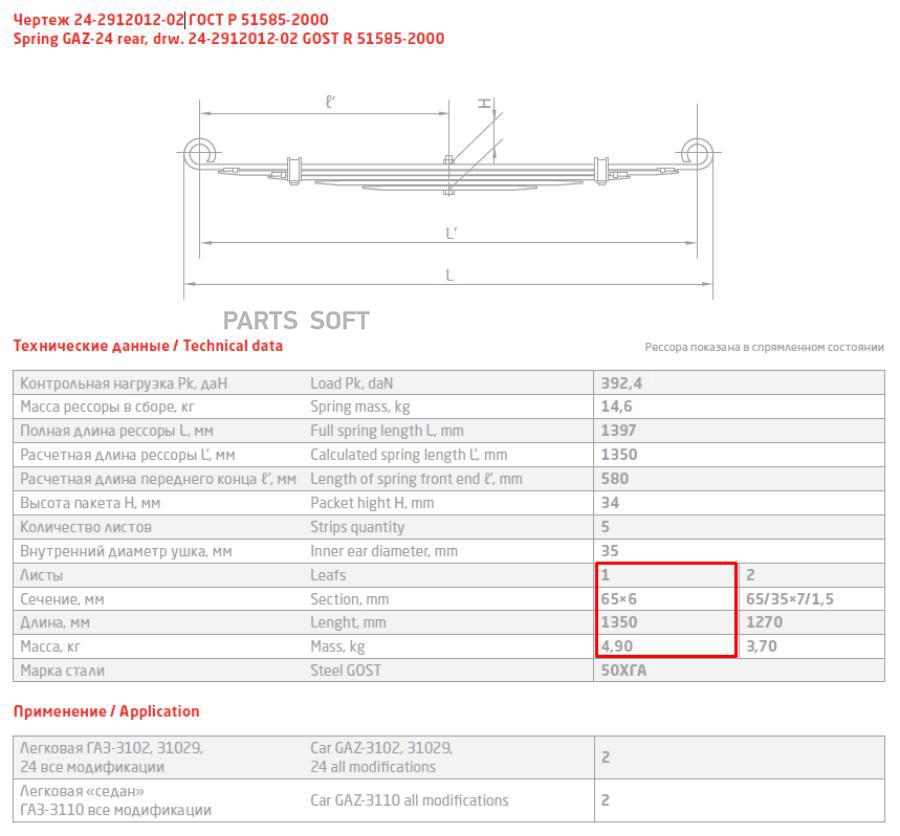 ЧМЗ Лист рессоры ГАЗ 24 зад 1-й 65*6*1350 ЧМЗ