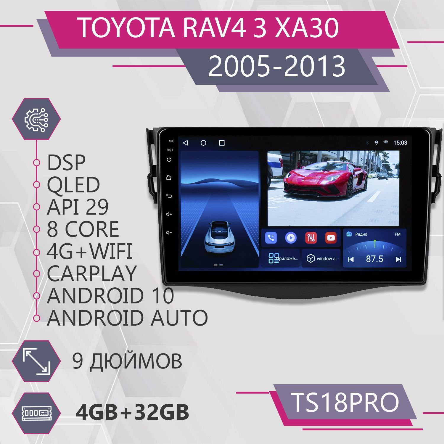Магнитола Точка Звука TS18Pro для Toyota RAV4 3 XA30/ Тойота РАВ Комплект F1 4+32GB