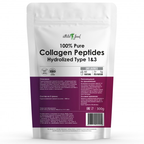 фото Говяжий коллаген atletic food 100% pure collagen peptides - 300 г, натуральный