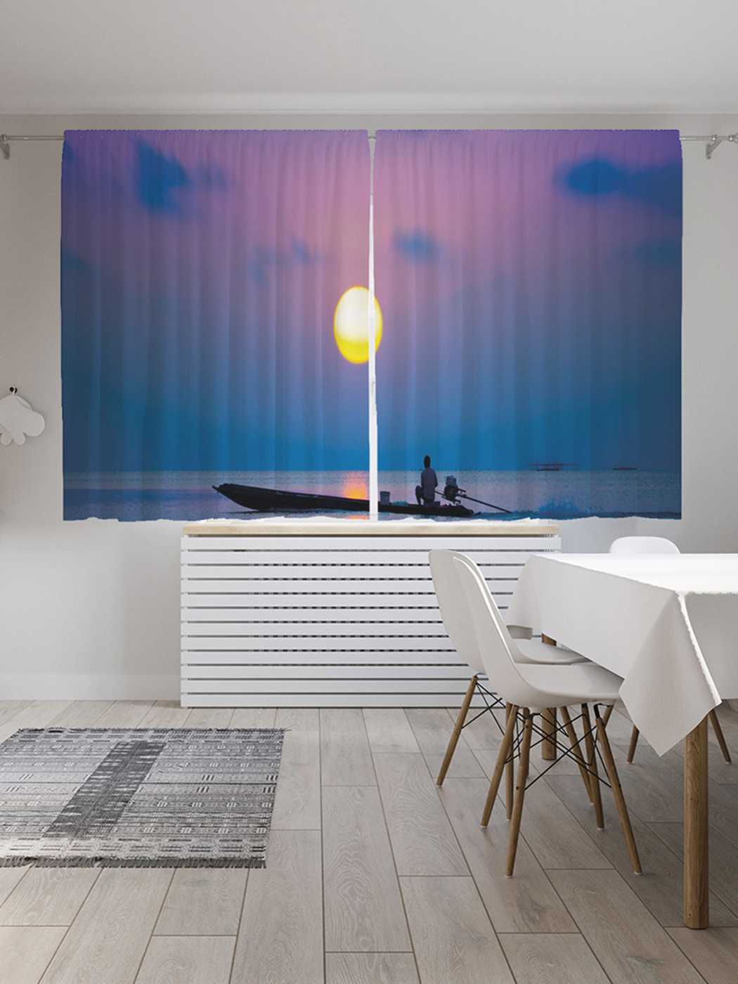 фото Классические шторы joyarty "рыбак на закате", серия oxford delux, 2 полотна 145x180 см