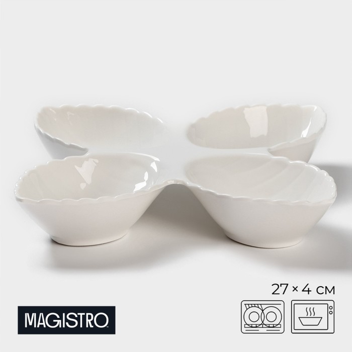 

Менажница фарфоровая 4 ячейки Magistro «Лист Бланш», 27х4 см, цвет белый, Бланш - с4