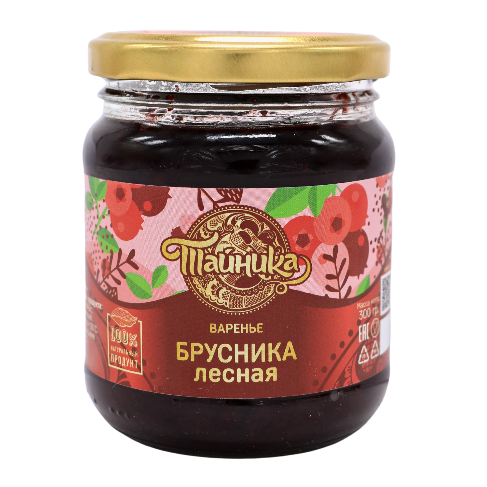 

Варенье брусничное Тайника "Брусника лесная" натуральное органическое, 300 грамм, Брусника КЛ