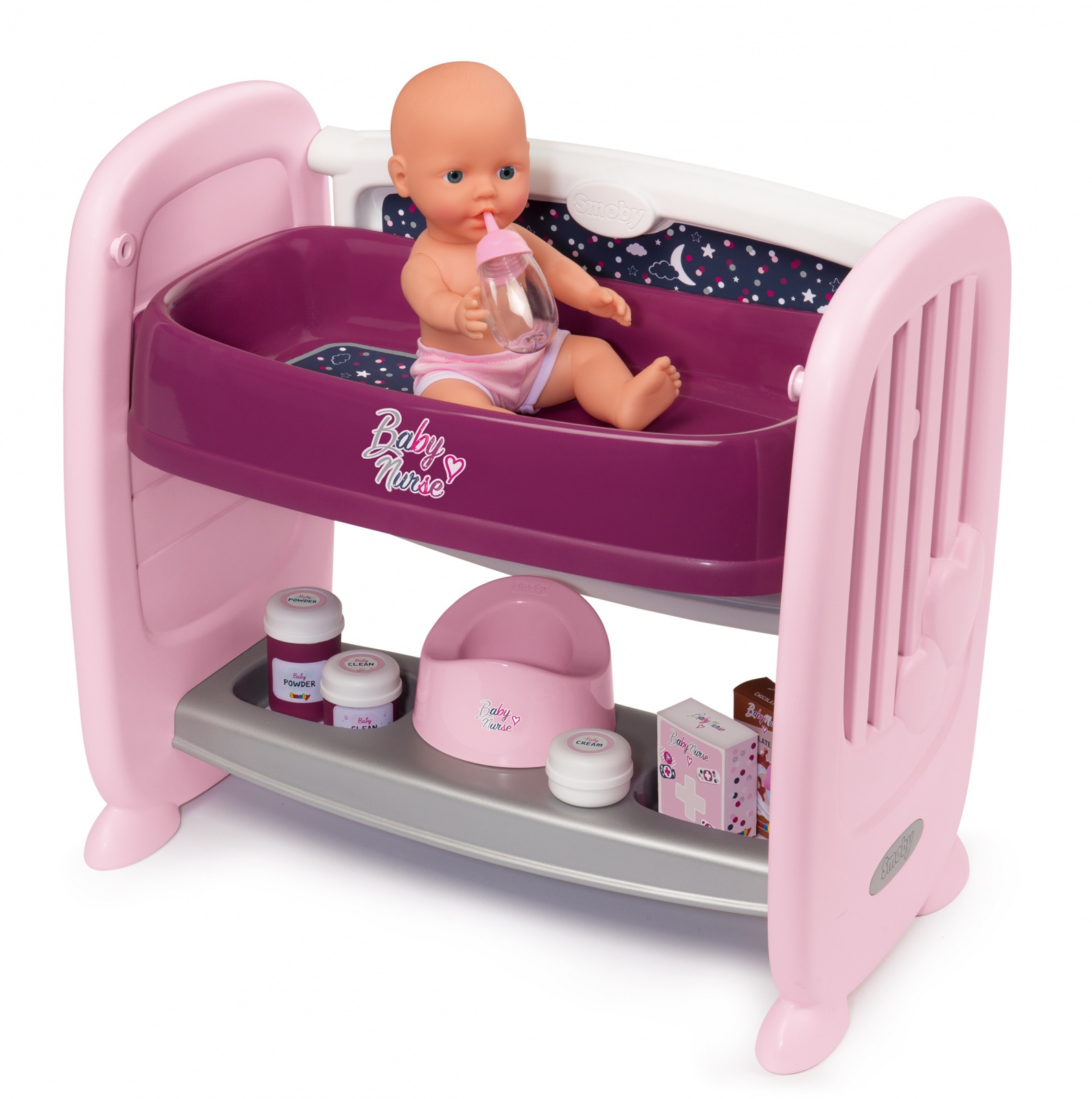 фото Кроватка для пупса smoby 2 в 1 с регулируемой высотой baby nurse 220353, 14 аксессуаров