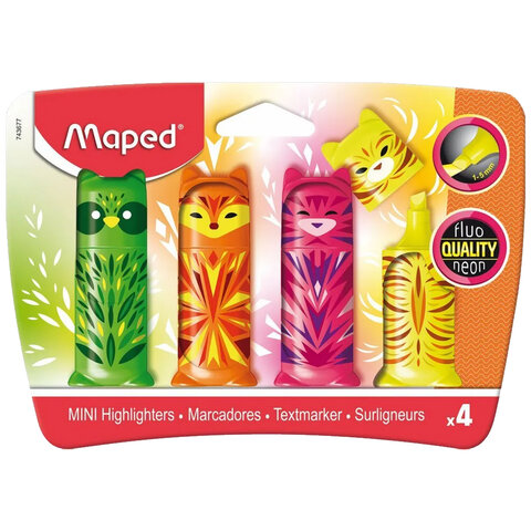 Набор текстовыделителей Maped Mini Friends 4 шт., мини, ассорти, FLUO PEP'S, 743677, 3 шт