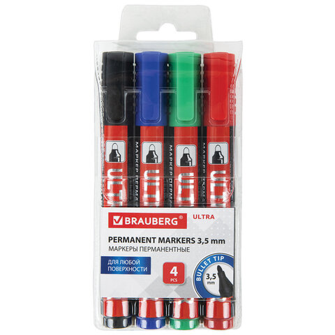 

Маркеры перманентные Brauberg ULTRA MARKER, Набор 4 цв, наконечник 3,5 мм, 152208, 4 шт, Черный;красный;синий;зеленый