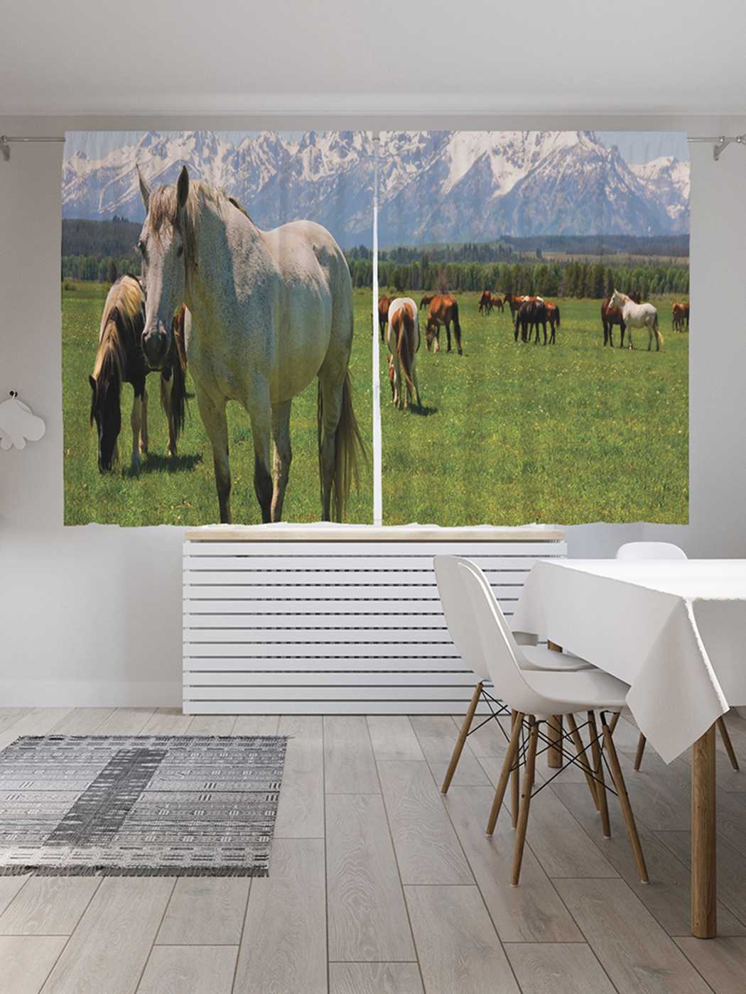 фото Классические шторы joyarty "лошади на горном пастбище", oxford delux, 2 полотна 145x180 см