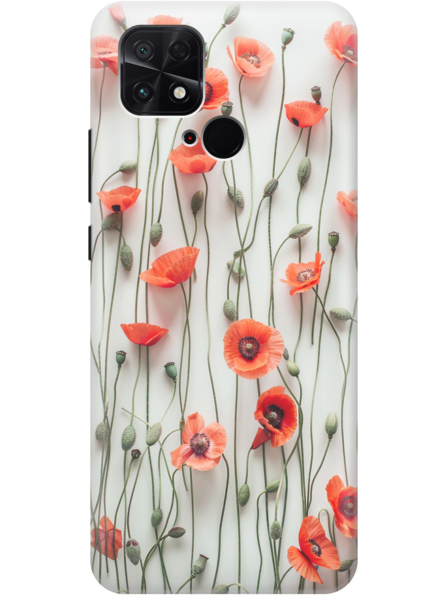 

Силиконовый чехол на Xiaomi Poco C40 с рисунком "Маки на белой стене", Белый;красный, 20000994