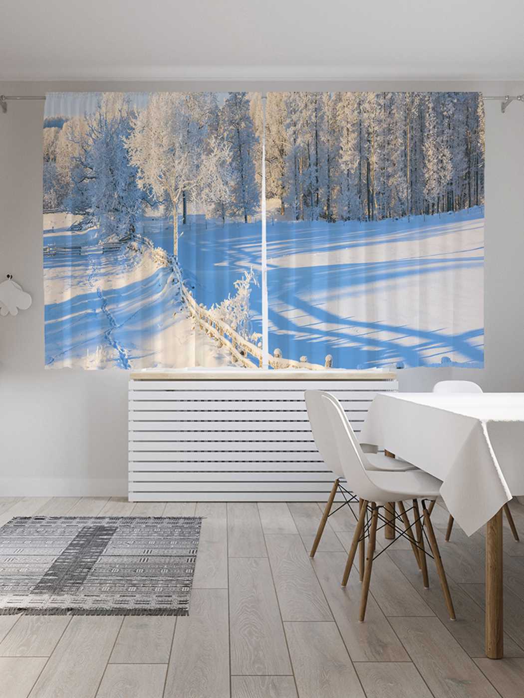 фото Классические шторы joyarty "зимний лес за забором", oxford delux, 2 полотна 145x180 см
