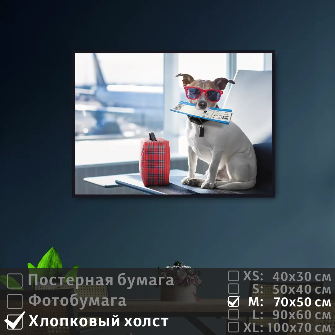 

Постер на холсте ПолиЦентр Собака в очках ждет самолет 70х50 см, СобакаВОчкахЖдетСамолет