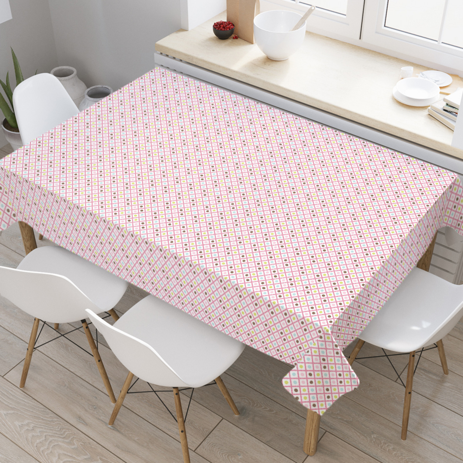 фото Скатерть прямоугольная на кухонный стол joyarty "точки в квадратах" из оксфорда, 180x145см