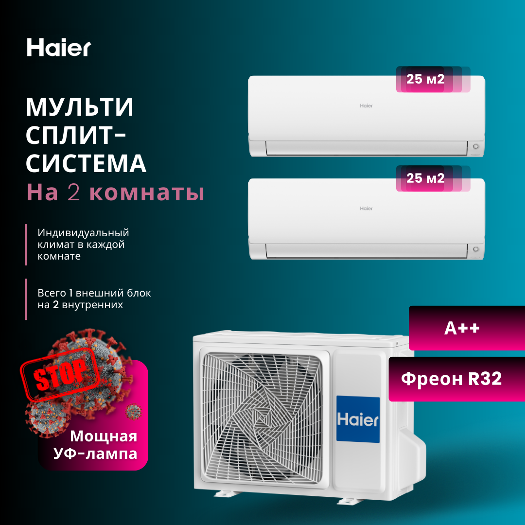Сплит-система Haier 2 Х AS25S2SF2FA-W / 2U40S2SM1FA мульти сплит система на 3 комнаты haier