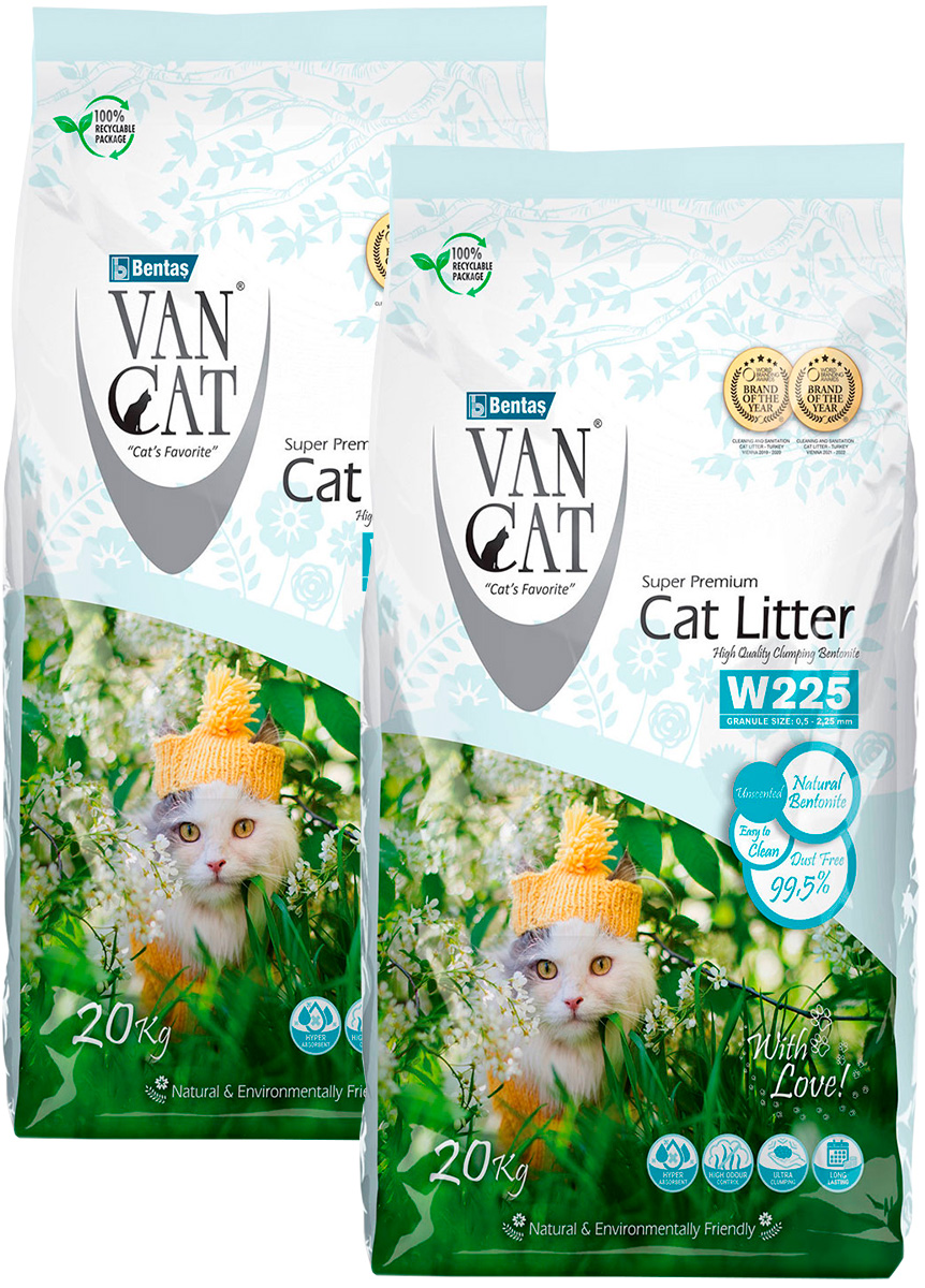 Наполнитель для туалета кошек Van Cat Natural комкующийся, натуральный 2 шт по 20 кг