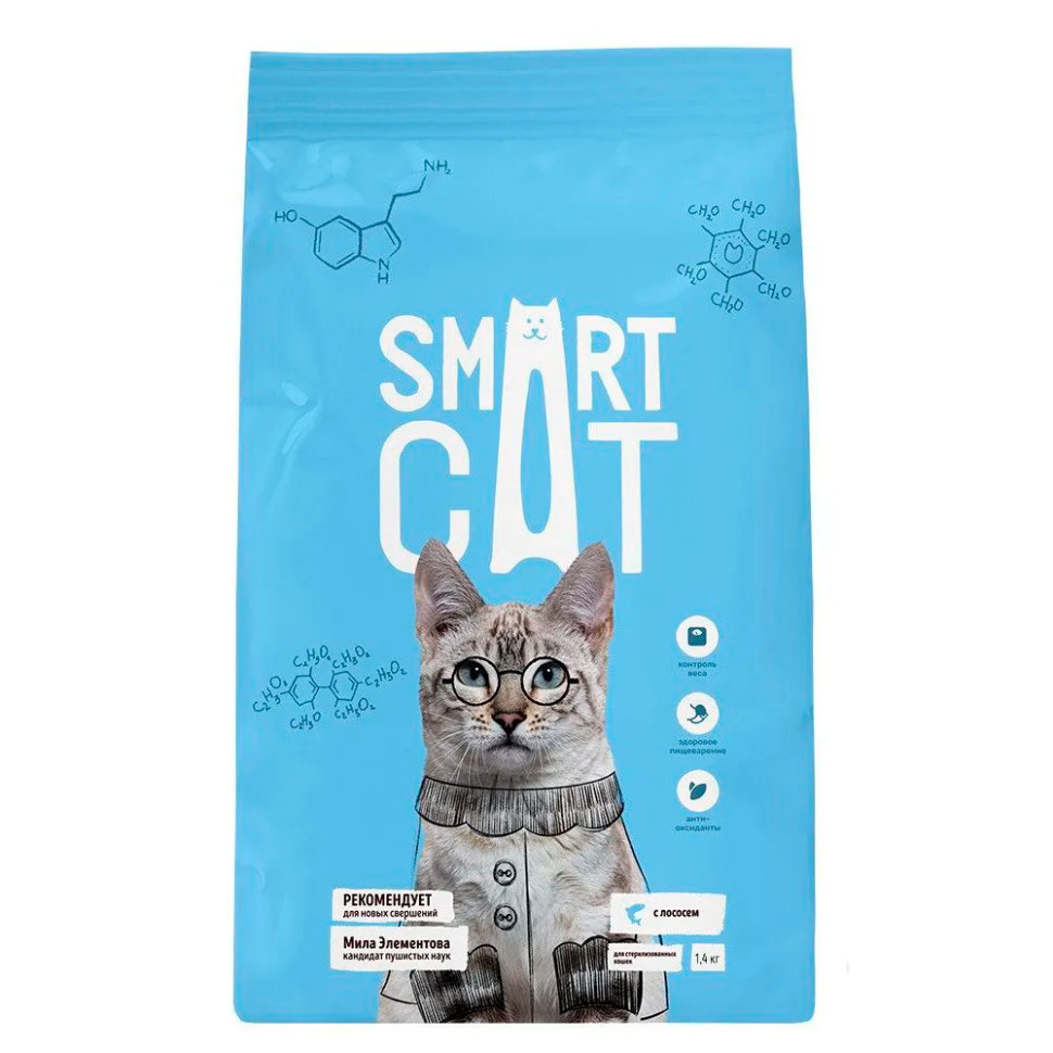 

Сухой корм для кошек Smart Cat, для стерилизованных, лосось, 1,4 кг, Smart Cat сухой корм для взрослых стерилизованных кошек и кастрированных котов, с лососем - 1,4 кг