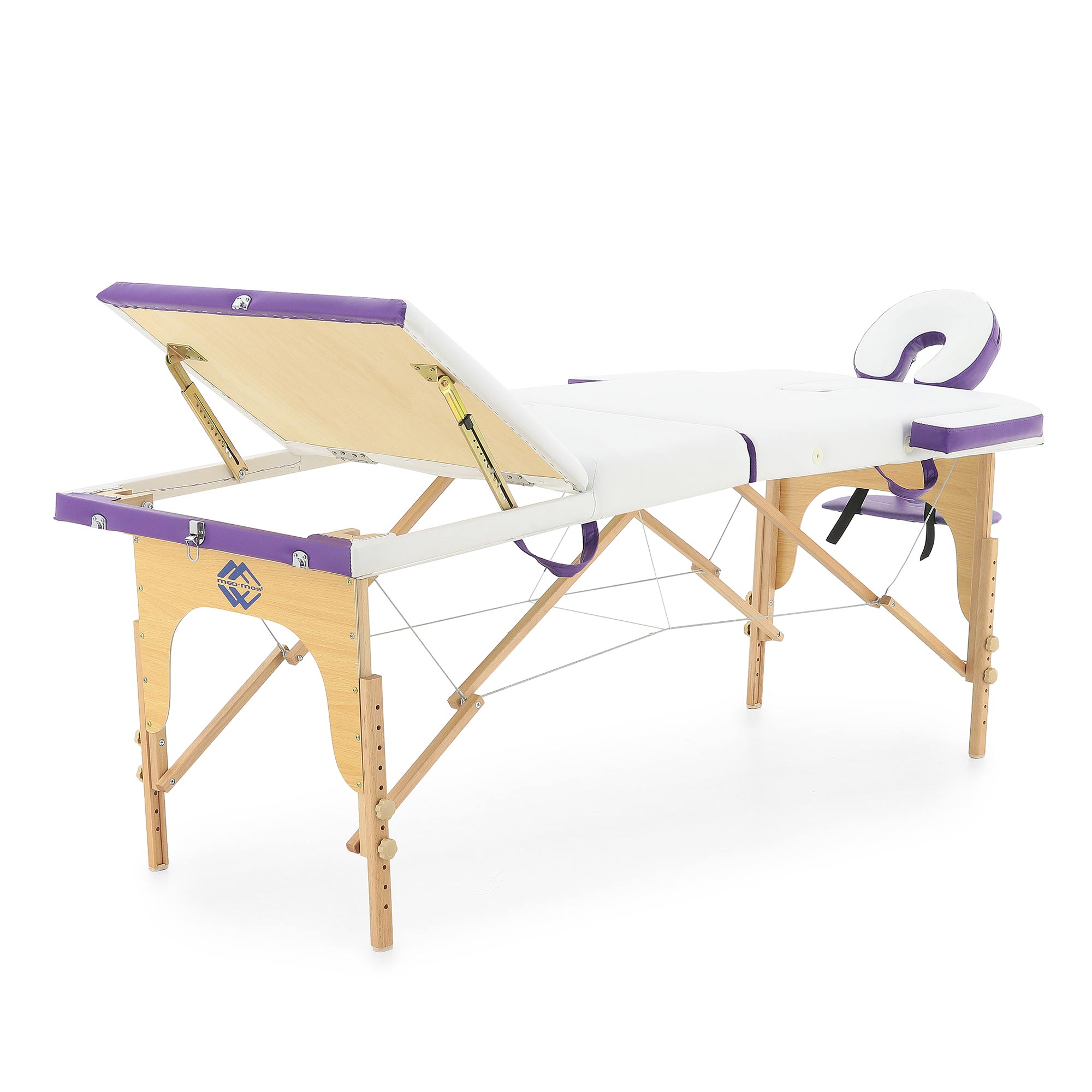 Стол массажный Мед-мос с деревянной рамой JF AY01 3 секционный белый фиолетовый