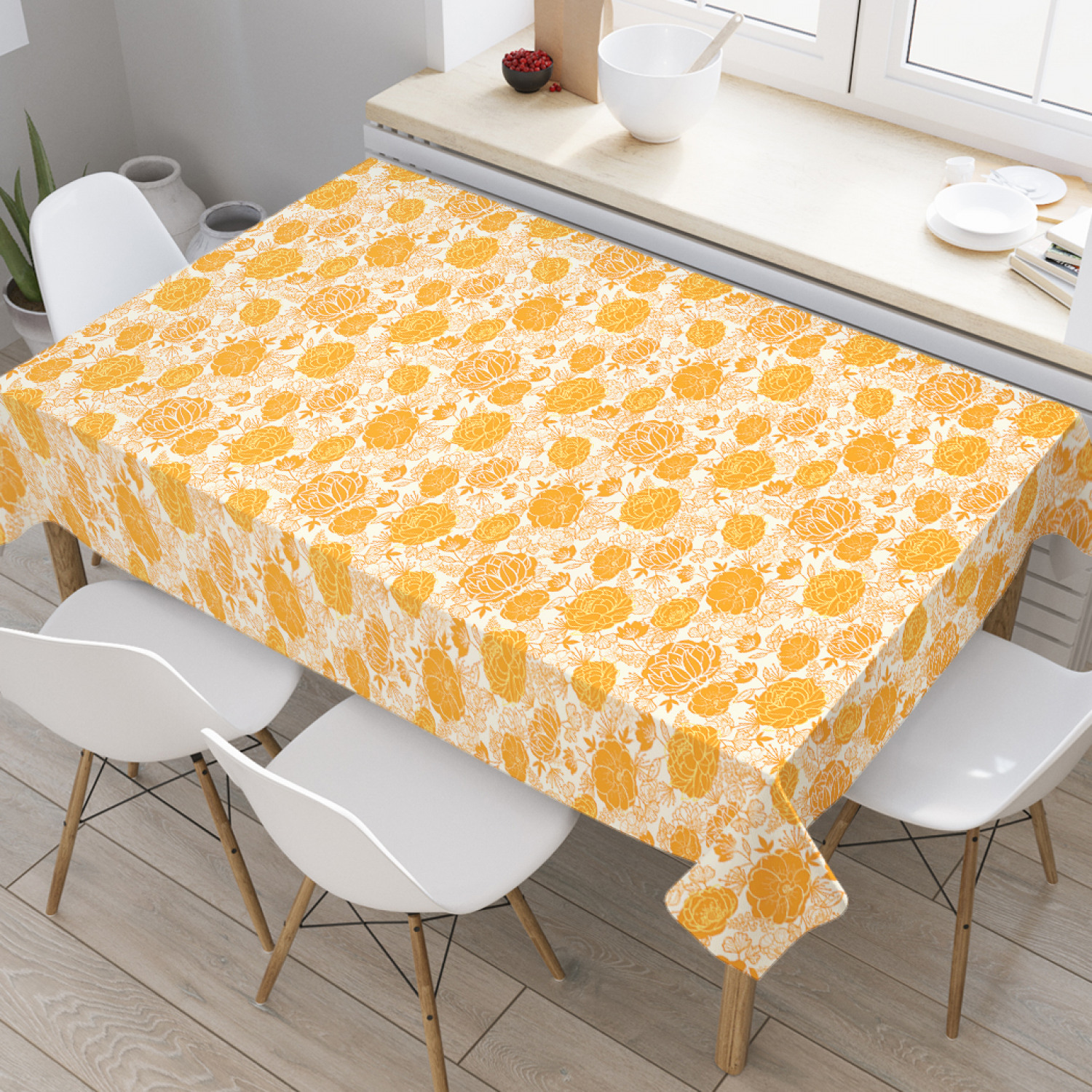 

Скатерть прямоугольная на кухонный стол JoyArty "Солнечные цветы" из оксфорда, 180x145 см, Желтый, Солнечные цветы