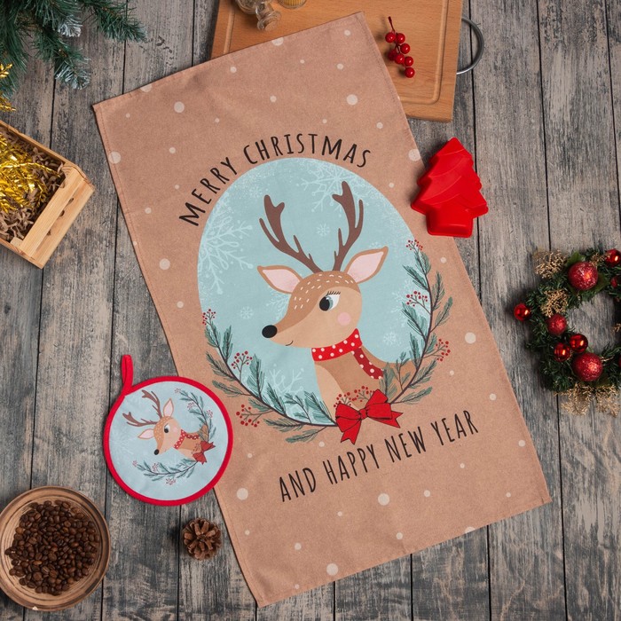 

Набор подарочный Этель Deer: кух. полотенце, прихватка, силикон. форма, Коричневый