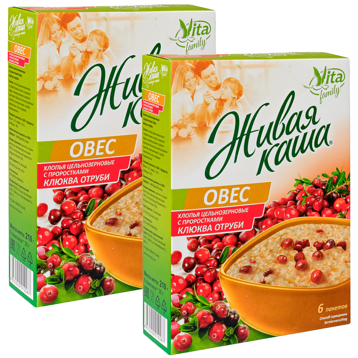 Каша Vita Family, ОВЕС, КЛЮКВА И ОТРУБИ, 2 шт 210 г, 12 пакетиков по 35 г