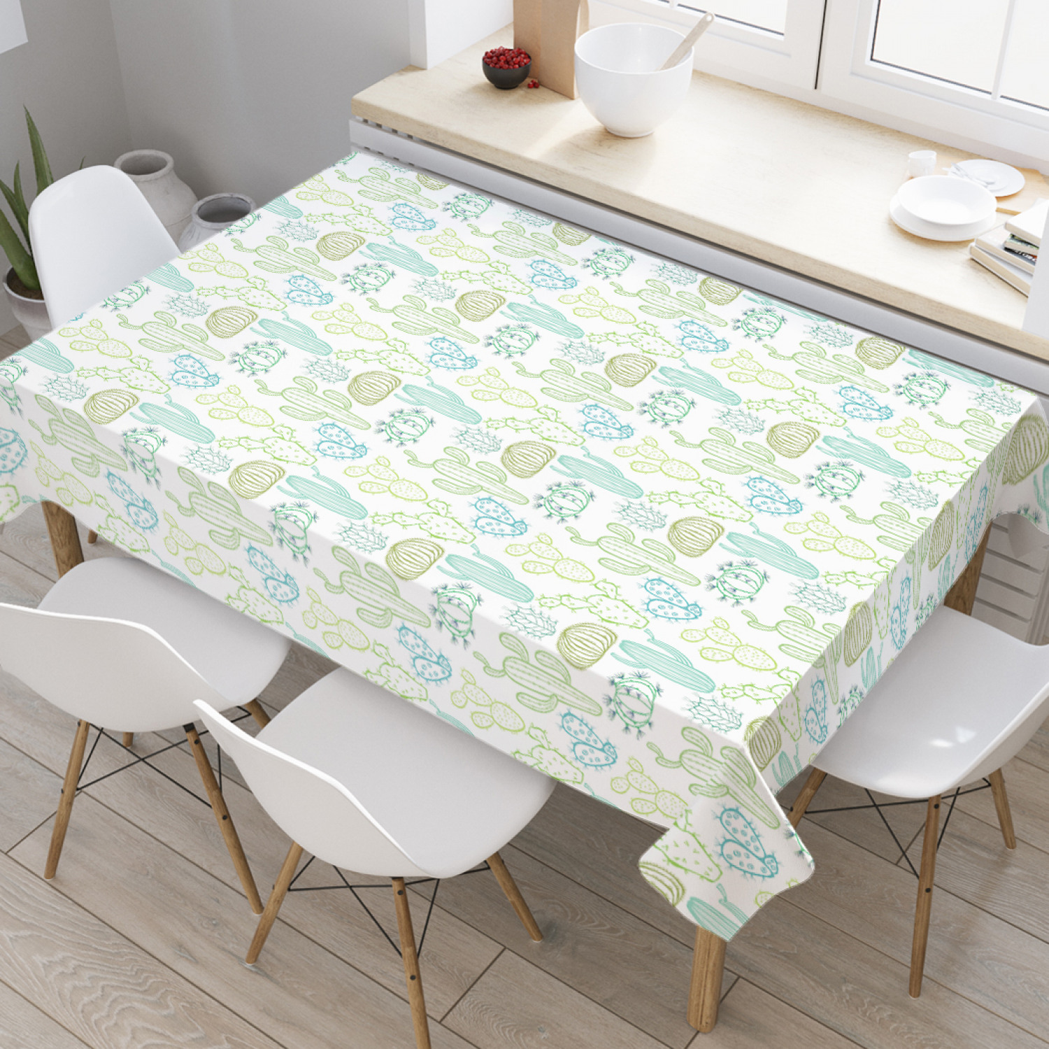 

Скатерть прямоугольная JoyArty "Очертания кактусов" из оксфорда, 180x145 см, Белый, Очертания кактусов