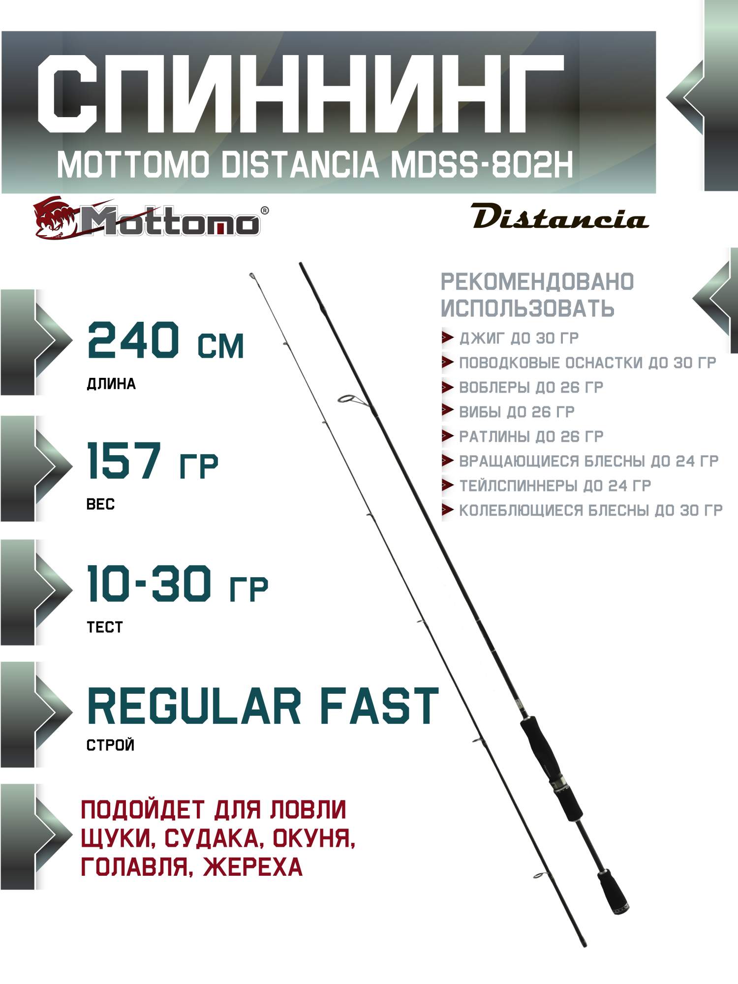 Спиннинг Mottomo Distancia MDSS-802H 240см/10-30g