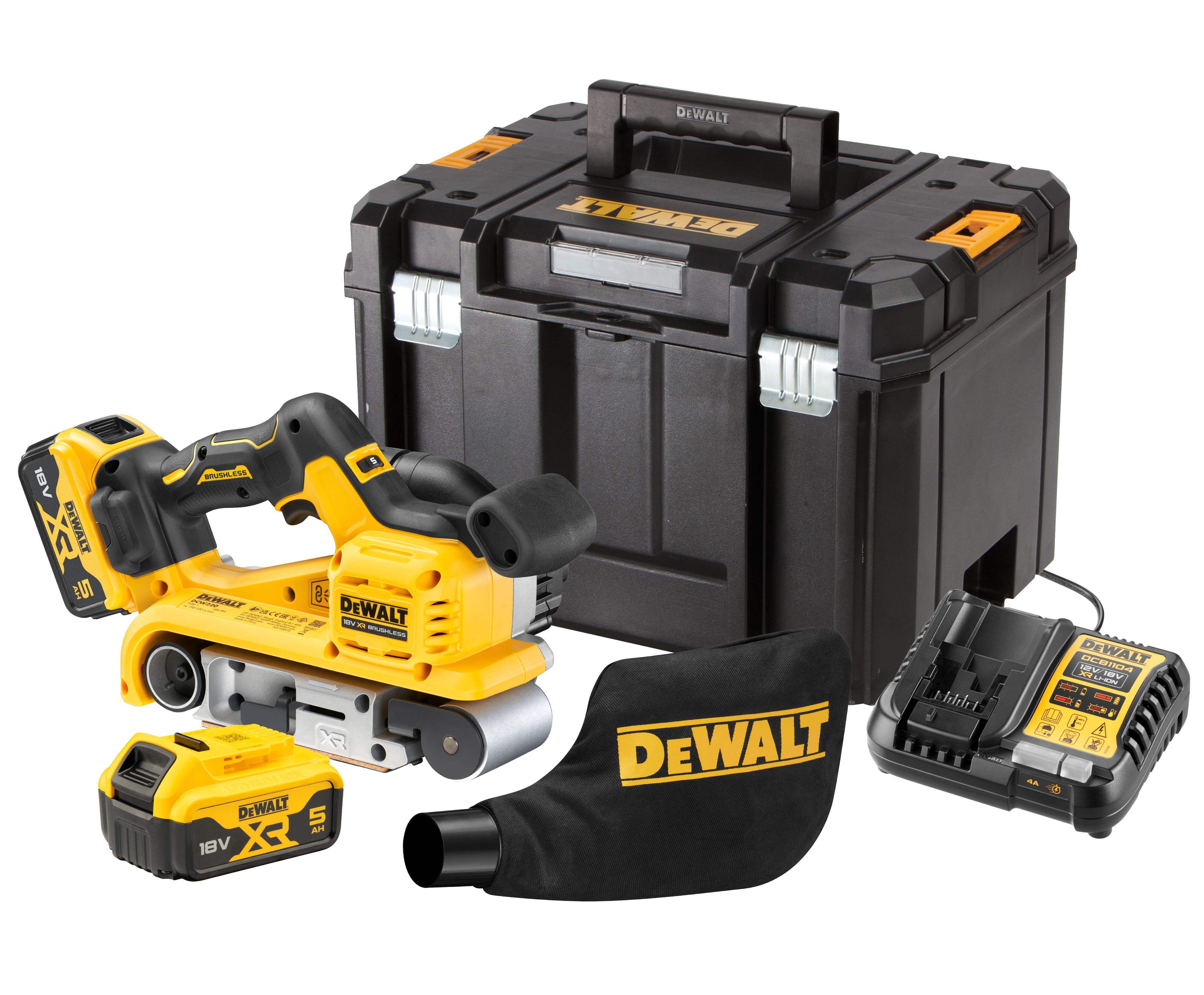 Аккумуляторная ленточная шлифмашина DEWALT DCW220P2, 18 В, с 2 АКБ 5 Ач и ЗУ, в кейсе