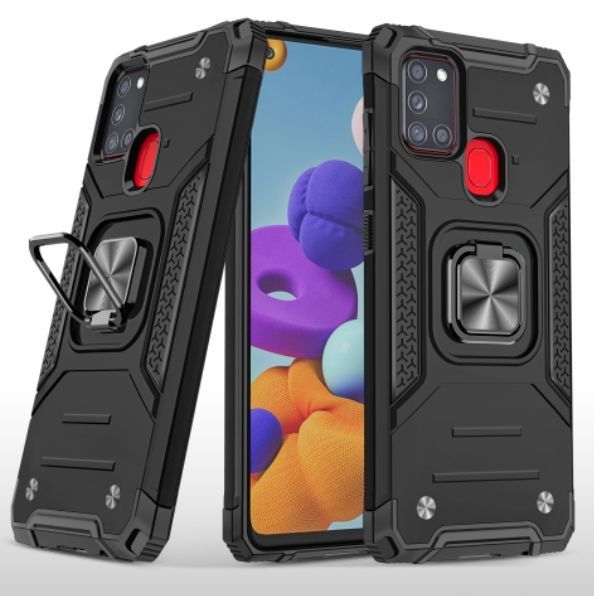 

Противоударный чехол для Samsung Galaxy A21s черный с кольцом подставкой
