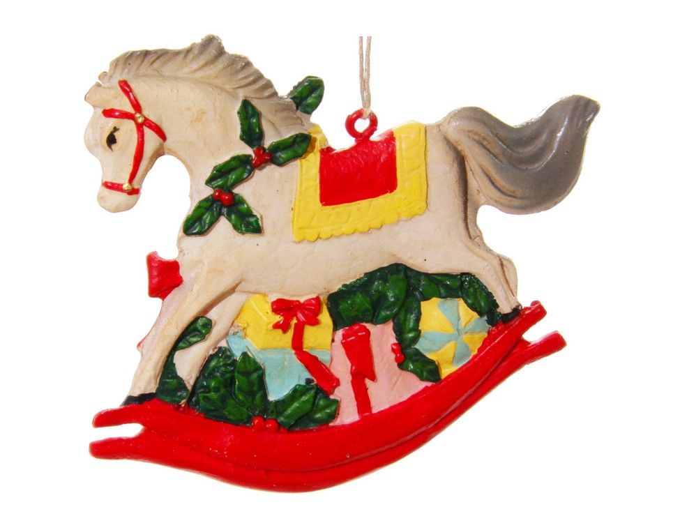 Елочная игрушка ShiShi Лошадка-качалка с подарками 50538 8,5 см разноцветный 1 шт.