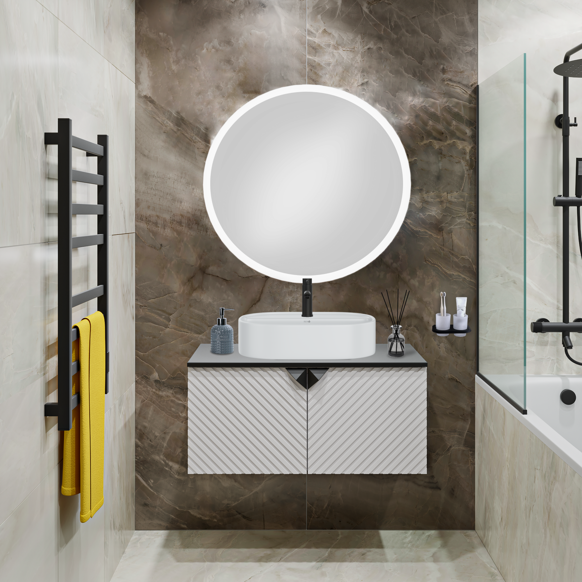 

Мебель для ванной Runo Андорра 85, белый матовый-чёрный, раковина Nuovo, зеркало Руан d 77, Белый;черный, Андорра_Nuovo_трз