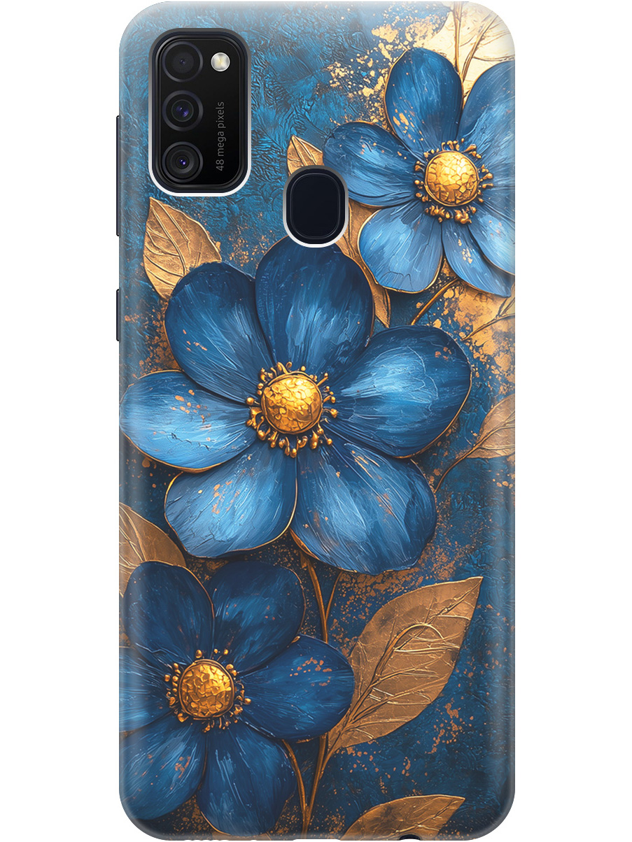 

Силиконовый чехол на Samsung Galaxy M21/M30s с принтом "Синие цветы, золотые листья", Прозрачный;золотистый;синий, 723067623