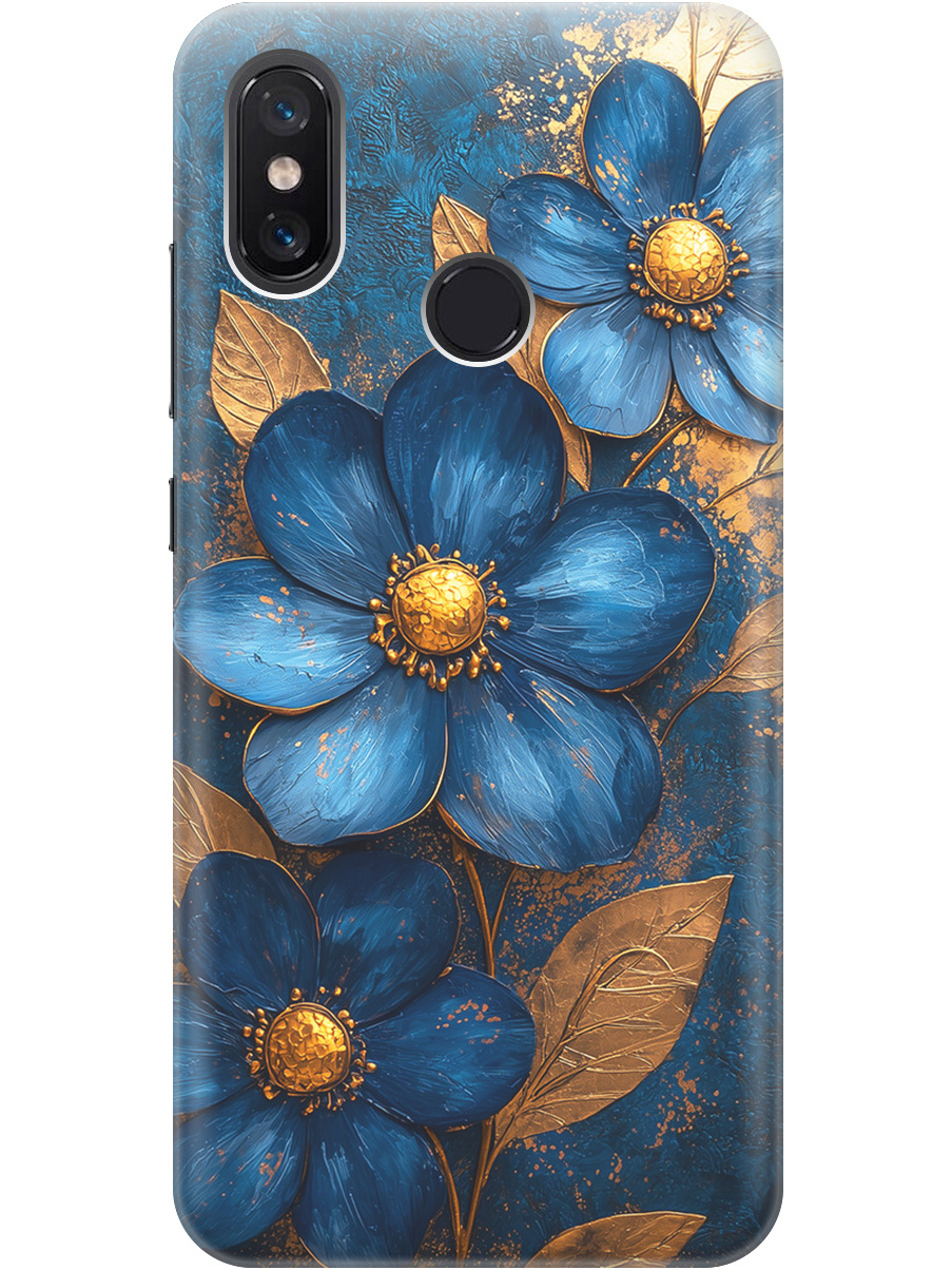 

Силиконовый чехол на Xiaomi Mi 8 с принтом "Синие цветы, золотые листья", Прозрачный;золотистый;синий, 718409923