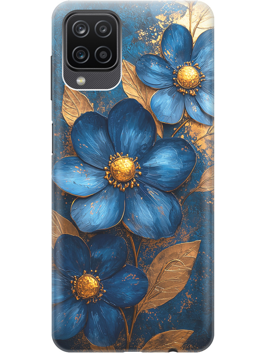 

Силиконовый чехол на Samsung Galaxy A12 / M12 с принтом "Синие цветы, золотые листья", Прозрачный;золотистый;синий, 723602823