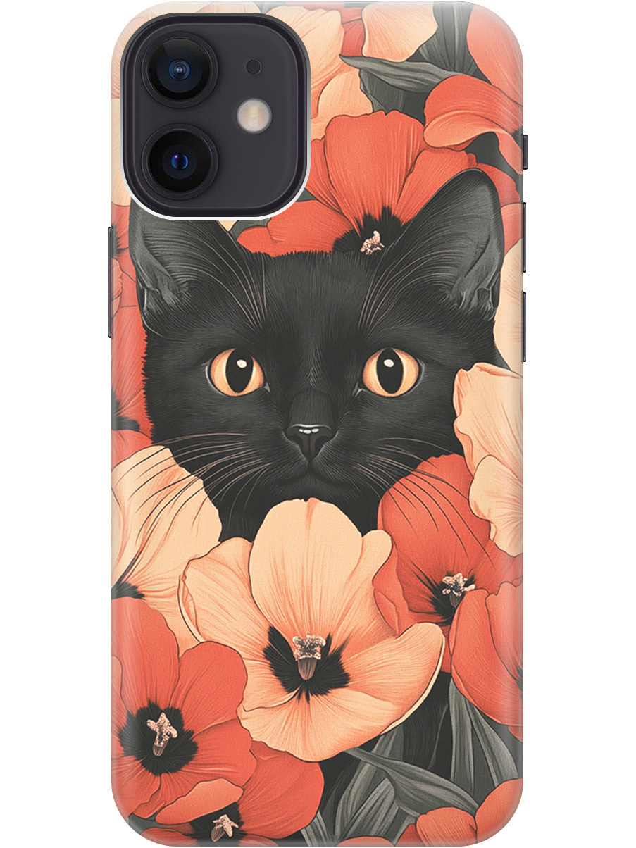 

Силиконовый чехол на Apple iPhone 12 Mini с принтом "Котик в маках", Прозрачный;черный;красный, 723374012