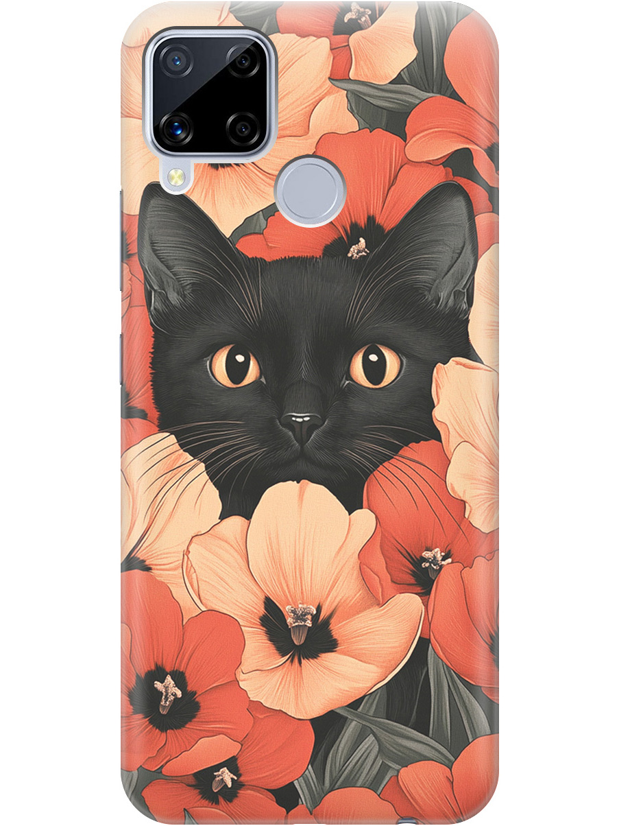 

Силиконовый чехол на realme C15 / C25 с принтом "Котик в маках", Прозрачный;черный;красный, 726149812