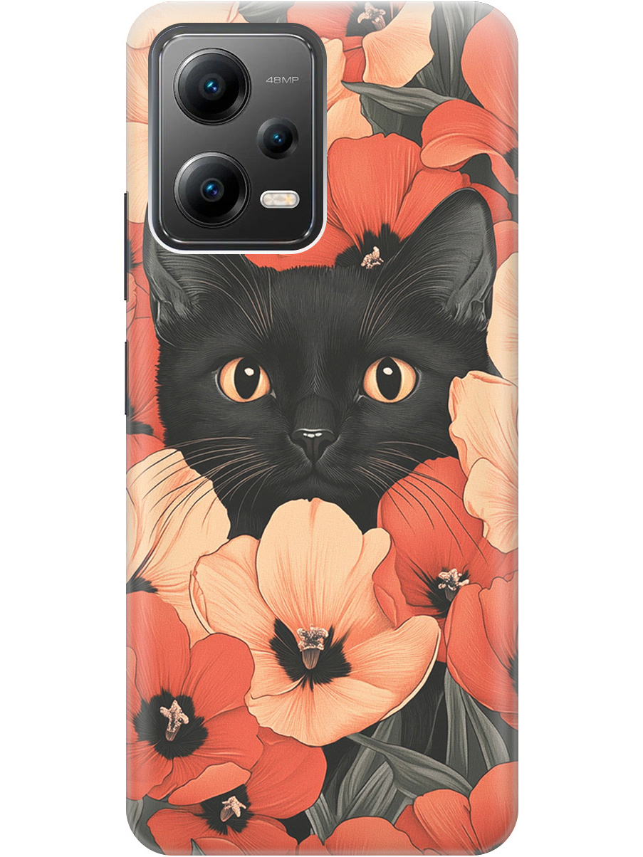 

Силиконовый чехол на Poco X5 5G с принтом "Котик в маках", Прозрачный;черный;красный, 767959612