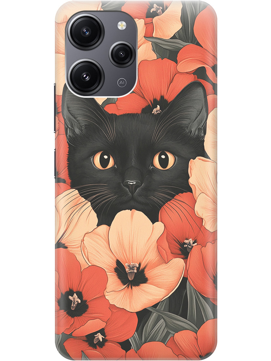 

Силиконовый чехол на Xiaomi Redmi 12 с принтом "Котик в маках", Прозрачный;черный;красный, 772621712