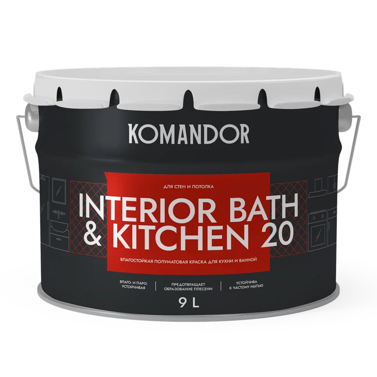 Краска интерьерная влагостойкая Komandor Interior Bath&Kitchen 20, база С, бесцветная, 9 л