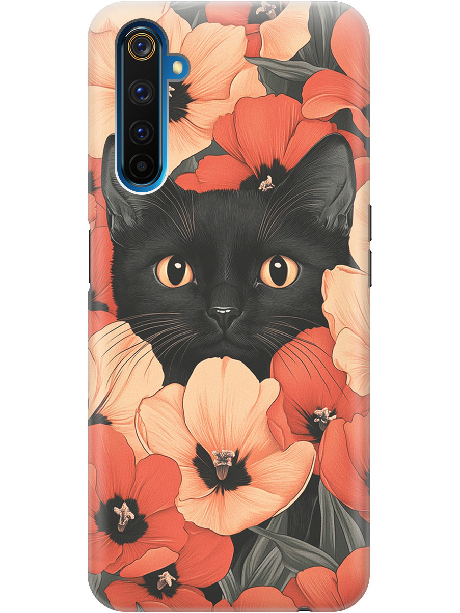

Силиконовый чехол на Realme 6 Pro с принтом "Котик в маках", Прозрачный;черный;красный, 726149512