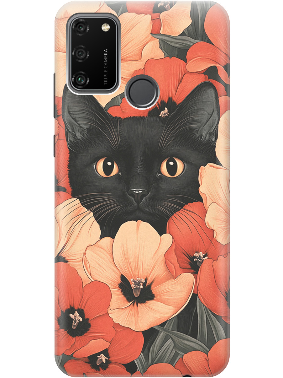 

Силиконовый чехол на Honor 9A с принтом "Котик в маках", Прозрачный;черный;красный, 722942012