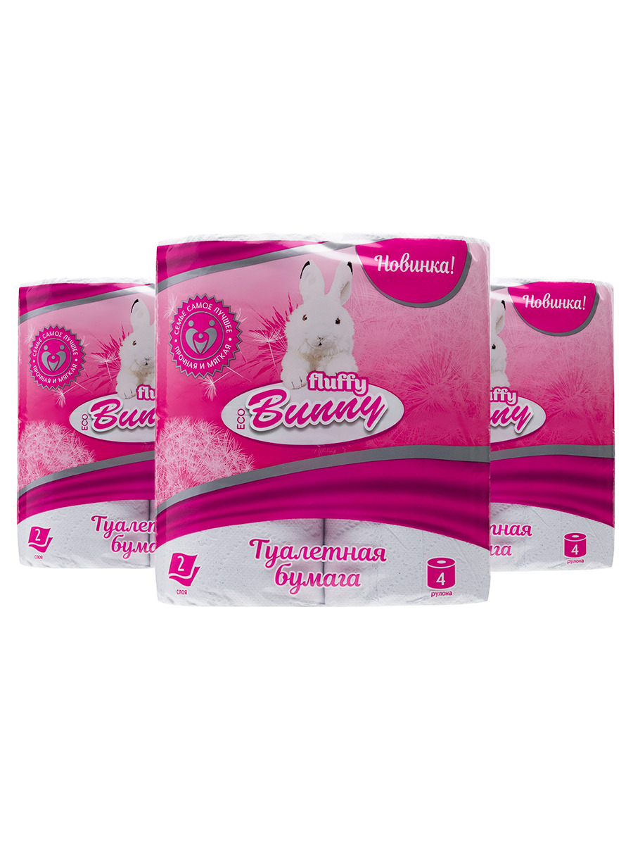 

Туалетная бумага Fluffy Bunny Eco белая двухслойная, 3 уп. по 4 рул., 17,5 м.