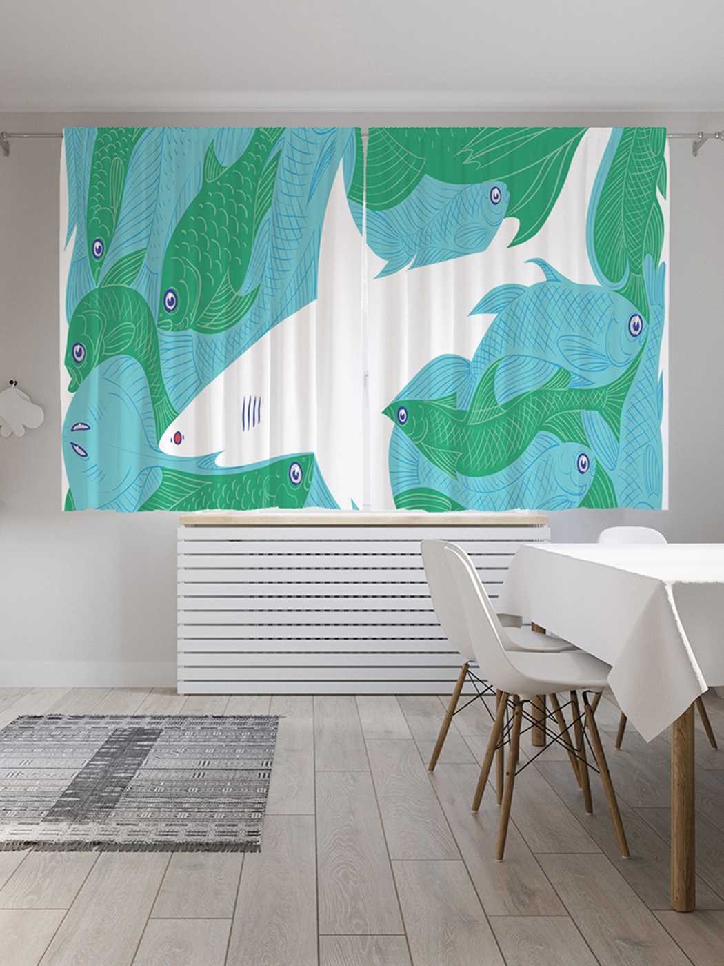 фото Шторы с фотопечатью joyarty "дружная акула" из сатена, 290х180 см