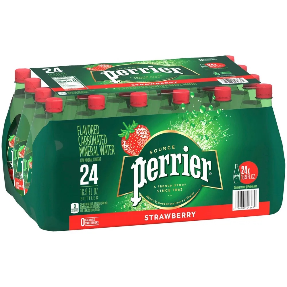 Вода минеральная Perrier (Перье) со вкусом Клубники 0,5 л х 24 бутылки, газ пэт