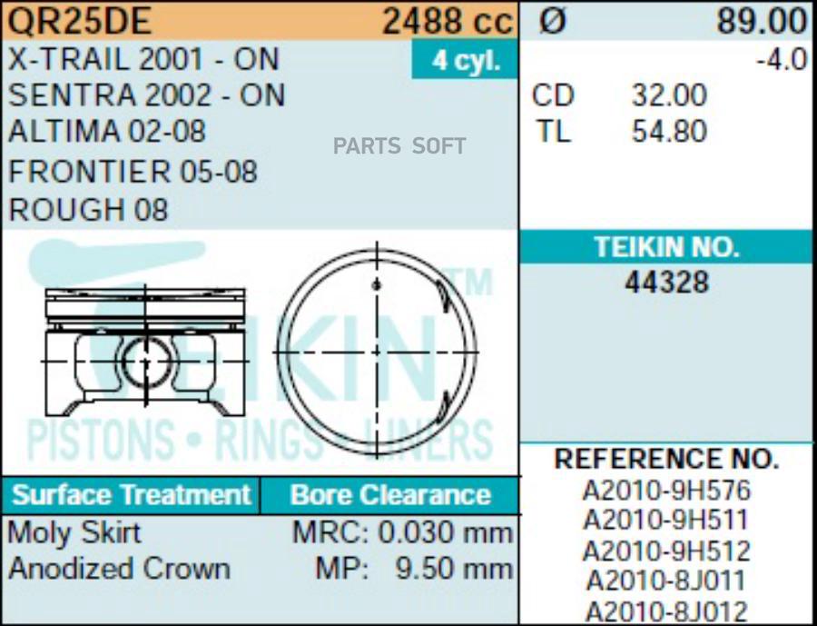 

TEIKIN Поршни (к-т 4 шт) NISSAN BASSARA/MURANO/PRESAGE/SERENA/TEANA/X-TRAIL QR25DE 01-